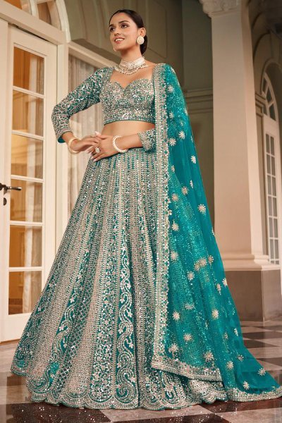 Ocean Turquoise Glam Net Embroidered Lehenga Set Ocean Turquoise Glam Net Embroidered Lehenga Set