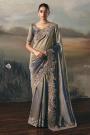 Grey Blue Tissue Silk Hand Embroidered Saree