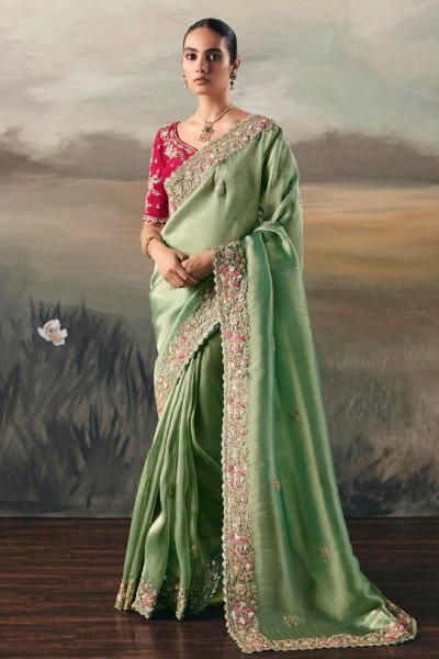 Mint Green Tissue Silk Hand Embroidered Saree Mint Green Tissue Silk Hand Embroidered Saree