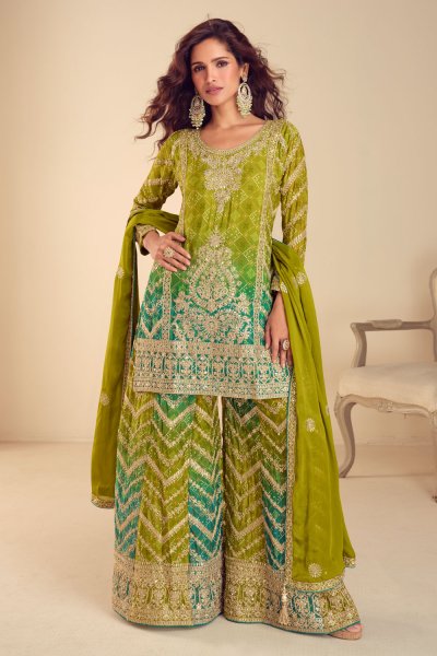 Kiwi Green Chinon Silk Bandhani Printed & Hand Embroidered Sharara Kurta Set Kiwi Green Chinon Silk Bandhani Printed & Hand Embroidered Sharara Kurta Set