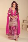 Magenta Pink Chinon Silk Bandhani Printed & Hand Embroidered Sharara Kurta Set