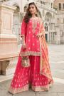 Red Silk Embroidered Sharara Kurta Set With Printed & Embroidered Dupatta