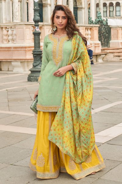 Mint Green & Yellow Silk Embroidered Sharara Kurta Set With Printed & Embroidered Dupatta Mint Green & Yellow Silk Embroidered Sharara Kurta Set With Printed & Embroidered Dupatta