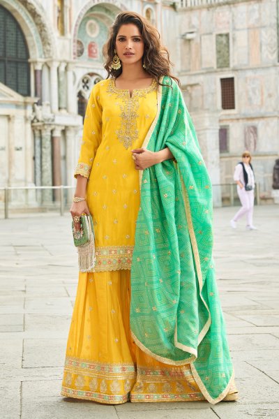 Yellow Chinon Silk Embroidered Sharara Kurta Set With Printed & Embroidered Dupatta Yellow Chinon Silk Embroidered Sharara Kurta Set With Printed & Embroidered Dupatta