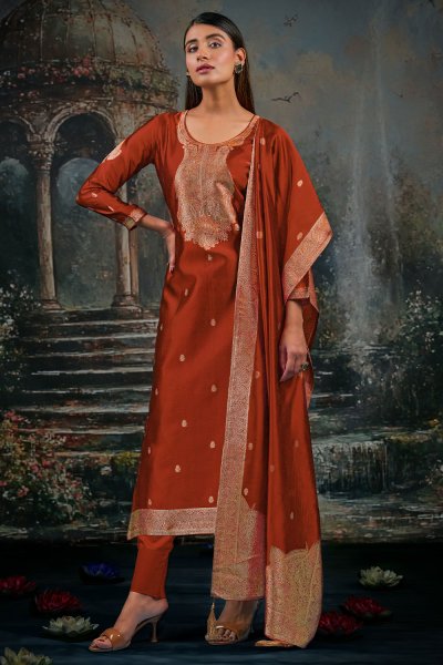 Beautiful Burnt Orange Zari Woven Hand Worked Silk Kurta Set Beautiful Burnt Orange Zari Woven Hand Worked Silk Kurta Set