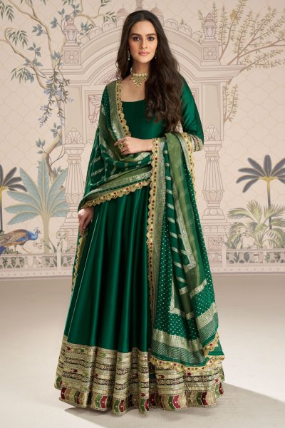 Bottle Green Silk Embroidered & Zari Woven Anarkali Dress With Zari Woven Dupatta Bottle Green Silk Embroidered & Zari Woven Anarkali Dress With Zari Woven Dupatta