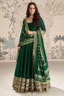 Bottle Green Silk Embroidered & Zari Woven Anarkali Dress With Zari Woven Dupatta
