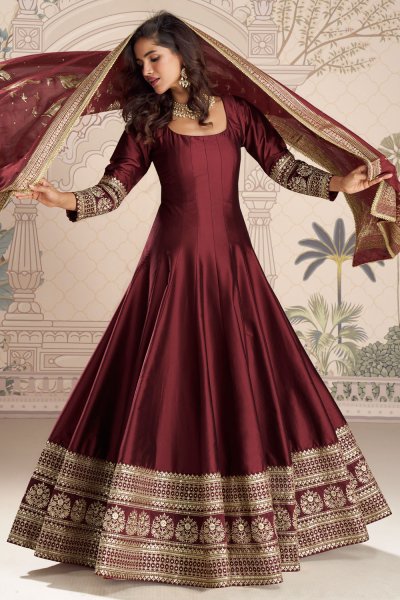 Stunning Maroon Silk Embroidered & Zari Woven Anarkali Dress With Zari Woven Dupatta Stunning Maroon Silk Embroidered & Zari Woven Anarkali Dress With Zari Woven Dupatta