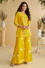 Yellow Silk Embroidered & Printed Indowestern Kurta Set