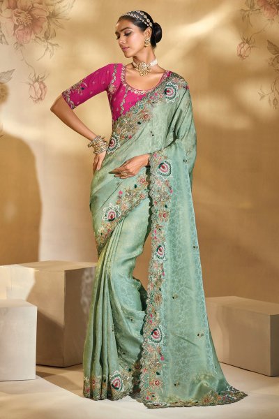 Mint Zari Woven Silk Embroidered Saree Mint Zari Woven Silk Embroidered Saree