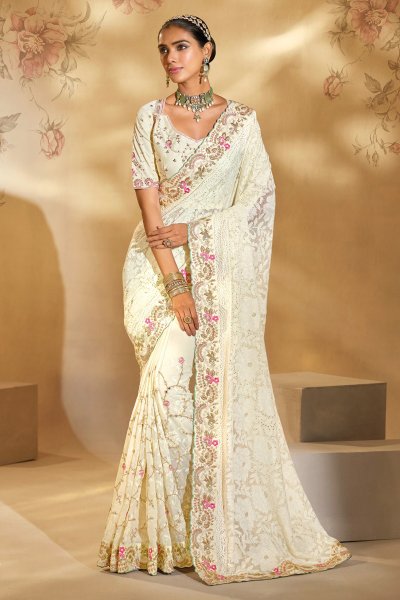 Off white Zari Woven Silk Embroidered Saree Off white Zari Woven Silk Embroidered Saree