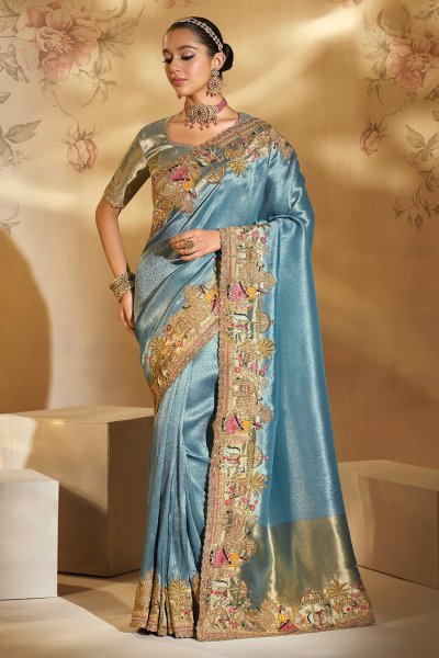 Metallic Blue Zari Woven Silk Embroidered Saree Metallic Blue Zari Woven Silk Embroidered Saree