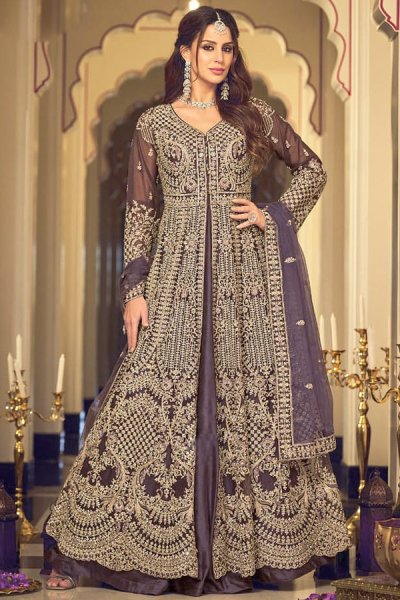 Deep Lavender Net Embroidered Anarkali Dress With Dupatta Deep Lavender Net Embroidered Anarkali Dress With Dupatta