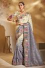 Ivory & Lavender Zari Woven Silk Embroidered Saree