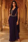 Pre-Draped Deep Plum Georgette Embroidered Saree With Belt