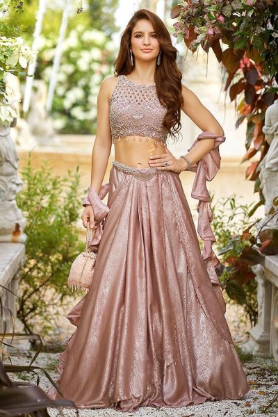 Blush Peach Metallic Satin Silk Hand Embroidered Indowestern Lehenga Set Blush Peach Metallic Satin Silk Hand Embroidered Indowestern Lehenga Set