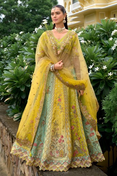 Yellow & Green Silk Embroidered Lehenga Set Yellow & Green Silk Embroidered Lehenga Set