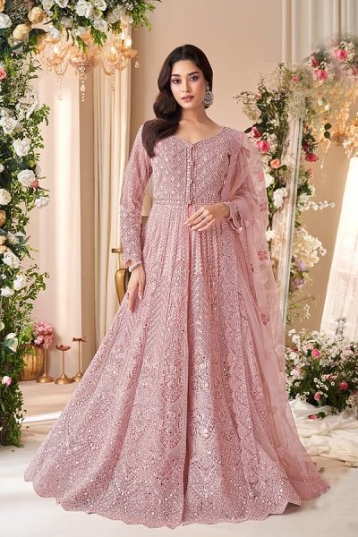 Blush Baby Pink Net Sparkling Embroidered Anarkali Dress With Dupatta Blush Baby Pink Net Sparkling Embroidered Anarkali Dress With Dupatta