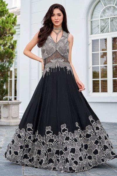 Black Chinon Silk Hand Embroidered Anarkali Dress With Dupatta Black Chinon Silk Hand Embroidered Anarkali Dress With Dupatta