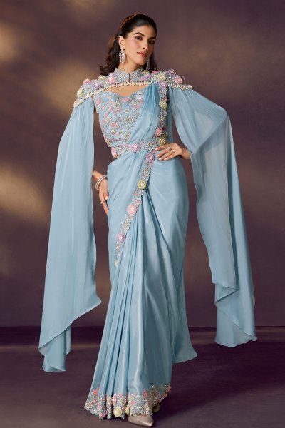 Pre-Draped Light Blue Satin Silk Saree with Embroidered Blouse, Cape & Belt