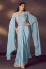 Pre-Draped Light Blue Satin Silk Saree with Embroidered Blouse, Cape & Belt