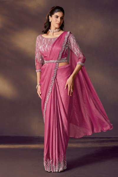 Pre-Draped Rose Pink Crush Satin Silk Saree with Embroidered Blouse & Belt Pre-Draped Rose Pink Crush Satin Silk Saree with Embroidered Blouse & Belt