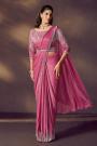 Pre-Draped  Rose Pink Crush Satin Silk Saree with Embroidered Blouse & Belt