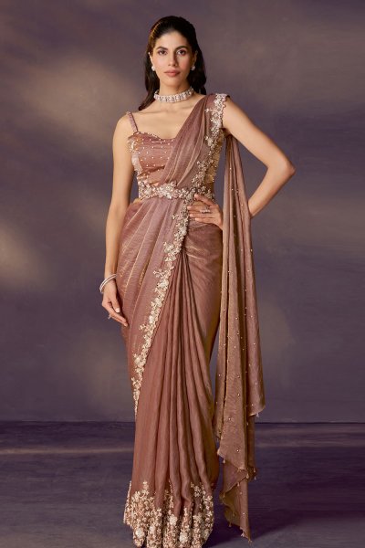 Pre-Draped Bronzy Brown Satin Silk Saree with Embroidered Blouse, Jacket & Belt