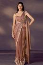Pre-Draped Bronzy Brown Satin Silk Saree with Embroidered Blouse, Jacket & Belt