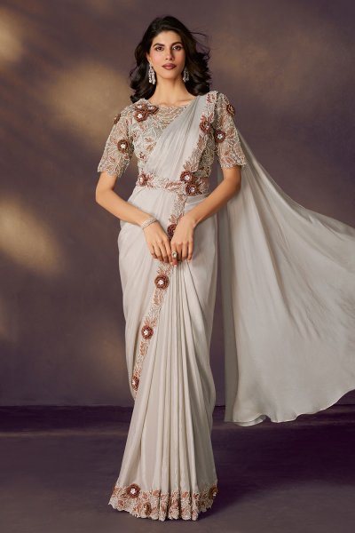 Pre-Draped Chalk Grey & Brown Satin Silk Saree with Embroidered Blouse & Belt Pre-Draped Chalk Grey & Brown Satin Silk Saree with Embroidered Blouse & Belt