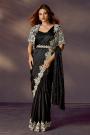 Pre-Draped Black Soft Satin Silk Saree with Embroidered Blouse, Jacket & Belt