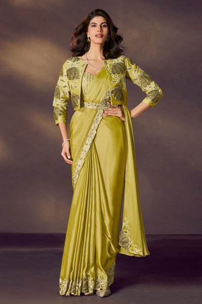 Pre-Draped Lemon Green Soft Satin Silk Saree with Embroidered Blouse, Jacket & Belt Pre-Draped Lemon Green Soft Satin Silk Saree with Embroidered Blouse, Jacket & Belt