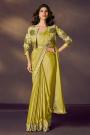 Pre-Draped Lemon Green Soft Satin Silk Saree with Embroidered Blouse, Jacket & Belt