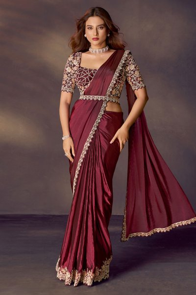 Pre-Draped Maroon Two-Tone Soft Silk Saree with Embroidered Blouse & Belt Pre-Draped Maroon Two-Tone Soft Silk Saree with Embroidered Blouse & Belt
