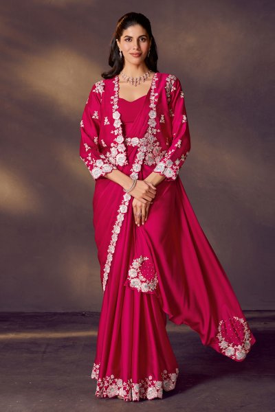 Pre-Draped Fuchsia Pink Satin Silk Saree with Embroidered Blouse, Jacket & Belt