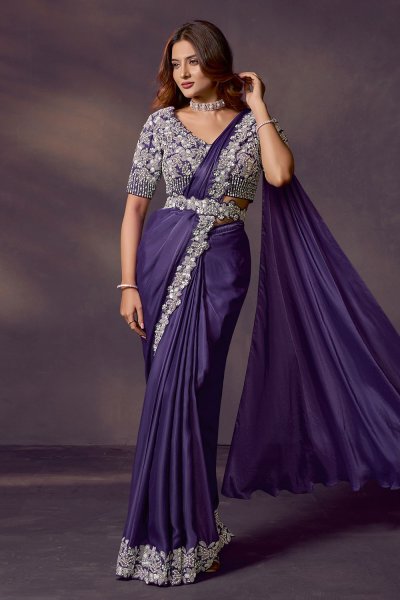 Pre-Draped Purple Soft Satin Silk Saree with Embroidered Blouse & Belt Pre-Draped Purple Soft Satin Silk Saree with Embroidered Blouse & Belt