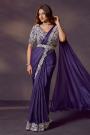 Pre-Draped Purple Soft Satin Silk Saree with Embroidered Blouse & Belt