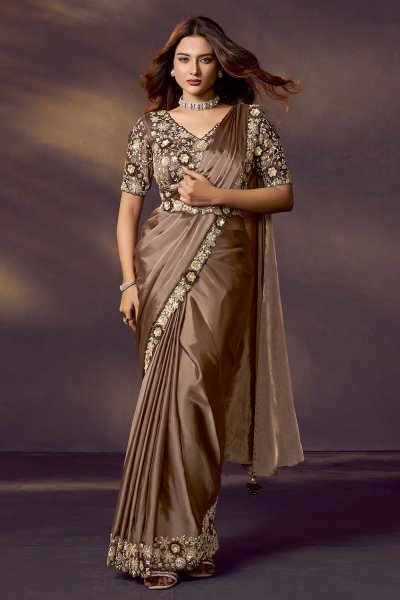 Pre-Draped Coffee Brown Soft Silk Saree with Raw Silk Blouse & Belt