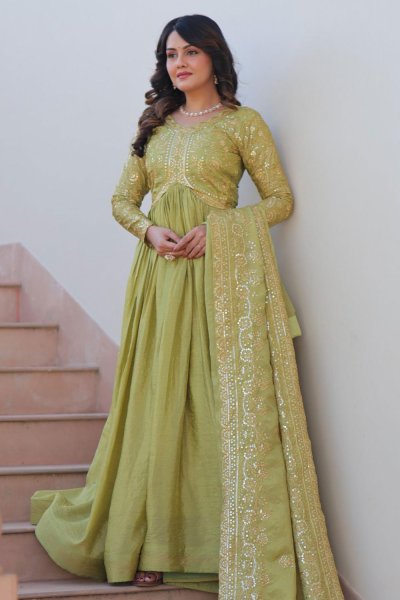 Lime Yellow Anarkali Dress with Embroidered Dupatta Lime Yellow Anarkali Dress with Embroidered Dupatta