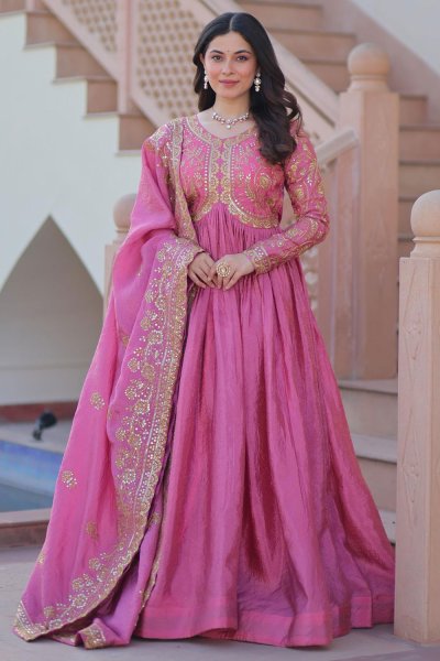 Pink Anarkali Dress with Embroidered Dupatta Pink Anarkali Dress with Embroidered Dupatta
