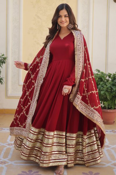Maroon Georgette Embroidered Designer Anarkali Dress with Dupatta Maroon Georgette Embroidered Designer Anarkali Dress with Dupatta