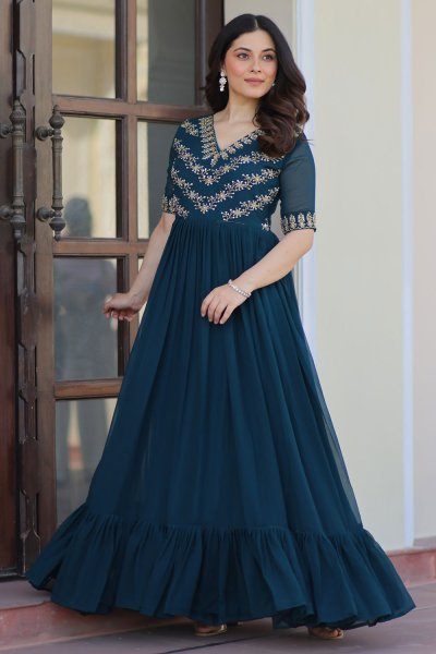 Prussian Blue Georgette Embroidered Designer Anarkali Dress Prussian Blue Georgette Embroidered Designer Anarkali Dress