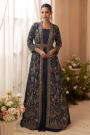 Navy Blue Chinon Silk Anarkali Dress with Fully Embroidered Jacket & Belt