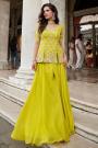 Lime Yellow Green Organza Silk Embroidered Top & Palazzo Set with Choker Style Dupatta