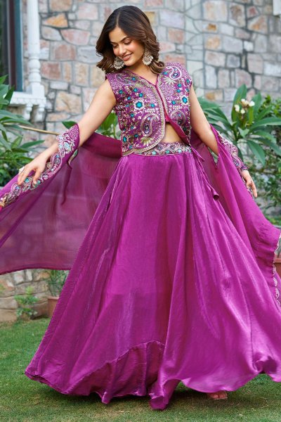 Magenta Pink Designer Silk Lehenga Set with Embroidered Shrug Dupatta Magenta Pink Designer Silk Lehenga Set with Embroidered Shrug Dupatta