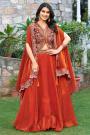 Burnt Orange Designer Silk Lehenga Set with Embroidered Shrug Dupatta