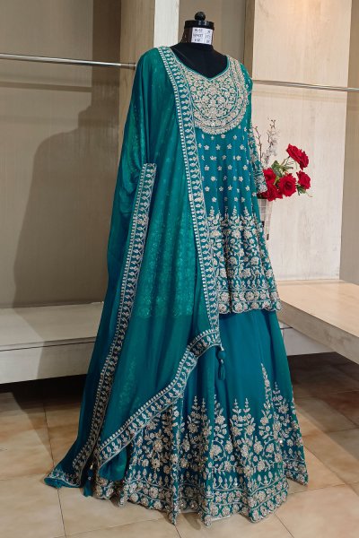 Teal Blue Georgette Embroidered Long Kurti Lehenga Set Teal Blue Georgette Embroidered Long Kurti Lehenga Set