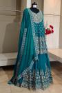 Teal Blue Georgette Embroidered Long Kurti Lehenga Set