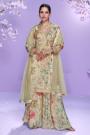 Beige Chinon Silk Printed & Hand Embroidered Sharara Set With Net Dupatta