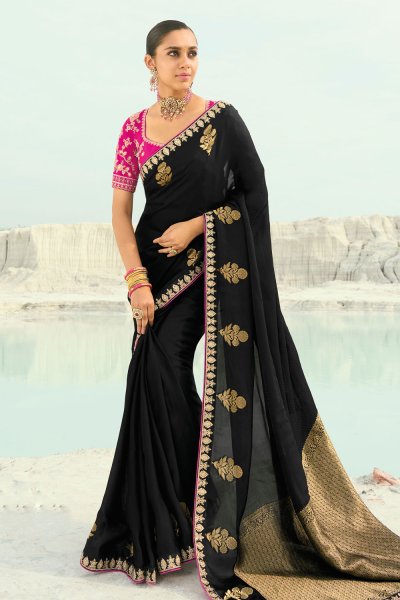 Black Pure Organza Viscose Satin Saree Black Pure Organza Viscose Satin Saree